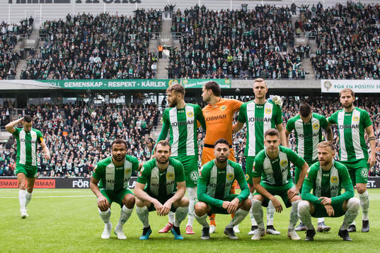 Hammarbys spelare väntar på Nikola Djurdjic innan bilden