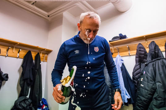 Lars Bohinen, head coach of Aalesund, celebrates promotion to the Eliteserien
