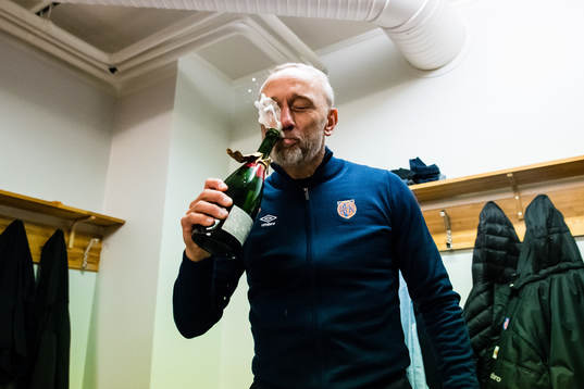 Lars Bohinen, head coach of Aalesund, celebrates promotion to the Eliteserien