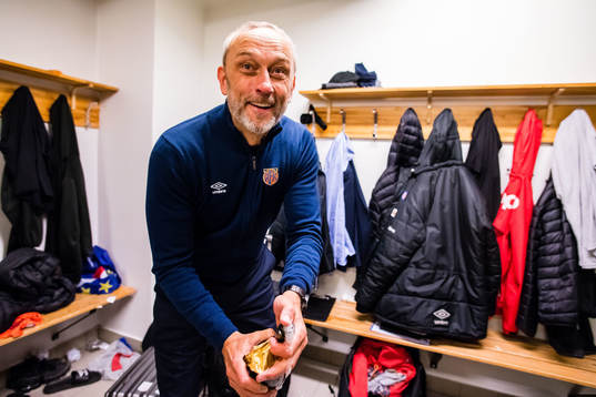 Lars Bohinen, head coach of Aalesund,celebrates promotion to the Eliteserien