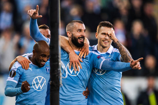 Fouad Bachirou, Guillermo Molins and Arnor Traustason of Malmö FF celebrate after 2-0