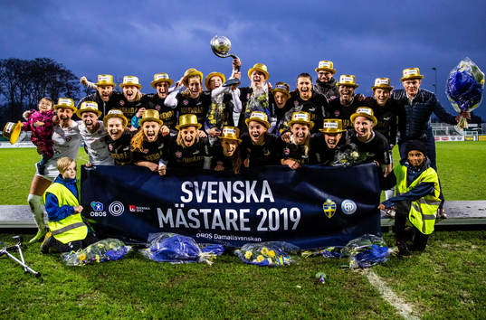 Rosengårds spelare jublar med pokal och medaljer