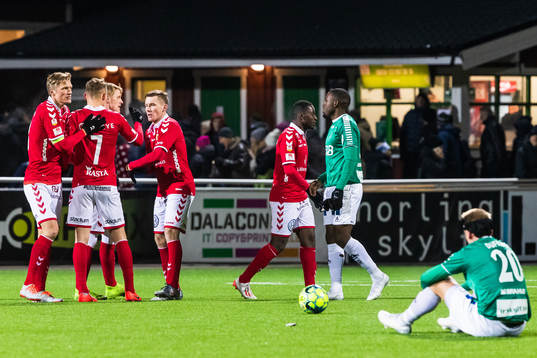 Kalmars Viktor Elm, Piotr Johansson och Rasmus Elm jublar