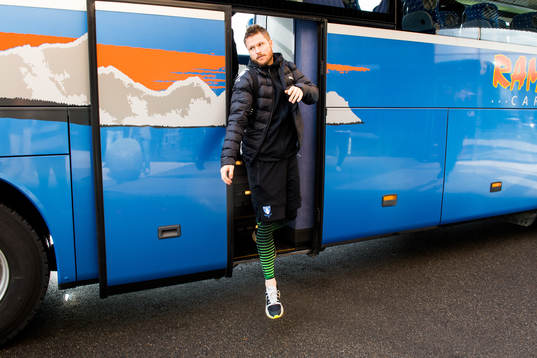 Lasse Nielsen of Malmö FF arrives at their hotel