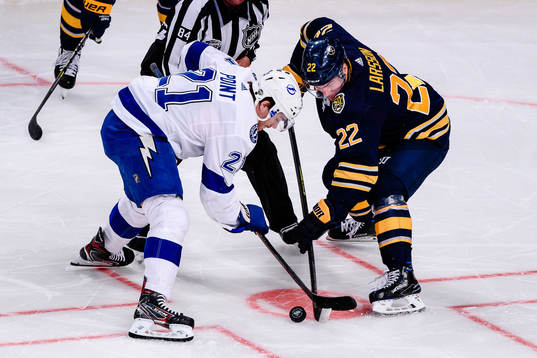Face off between Brayden Point of Tampa Bay Lightning and