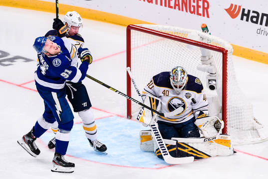 Steven Stamkos gets hit by Rasmus Dahlin of Buffalo Sabres