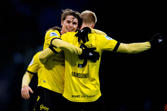 Martin Ramsland of Start celebrates with teammate Kasper Skaanes after scoring 0-1