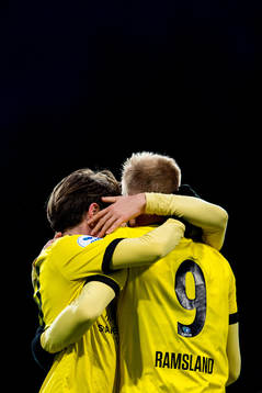 Martin Ramsland of Start celebrates with teammate Kasper Skaanes after scoring 0-1