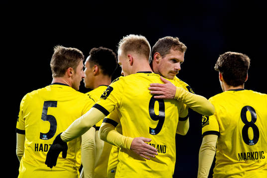 Martin Ramsland of Start celebrates with teammate Joackim