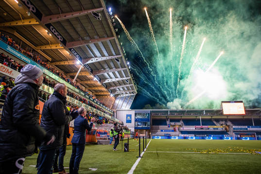 Lars Bohinen, head coach of Aalesund, looks at the fireworks