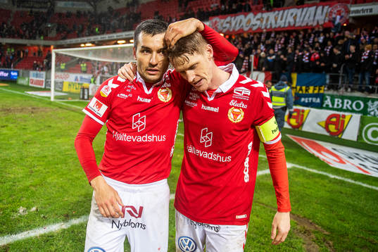 Kalmars Emin Nouri och Rasmus Elm jublar