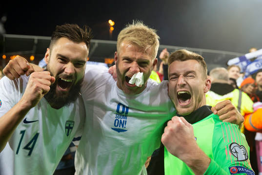  Tim Sparv #14, FIN, Paulus Arajuuri #2, FIN, Lukas Hradecky (GK)#1, FINafter match European Championship 2020 Qualifying round match Finland - Liechtenstein at the Telia 5G 15. November 2019 in  Helsinki, Finland.  (Tomi Hänninen/Newspix24)