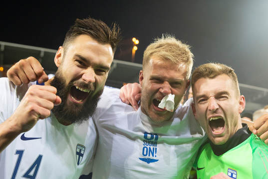  Tim Sparv #14, FIN, Paulus Arajuuri #2, FIN, Lukas Hradecky (GK)#1, FIN after match European Championship 2020 Qualifying round match Finland - Liechtenstein at the Telia 5G 15. November 2019 in  Helsinki, Finland.  (Tomi Hänninen/Newspix24)