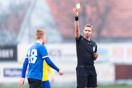 Domare Lawrence Visser ger gult kort till EstlandsPatrick
