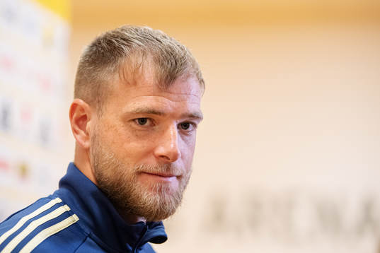 John Guidetti of the Swedish national football team during a mixed zone session on November 17, 2019 in Stockholm.
