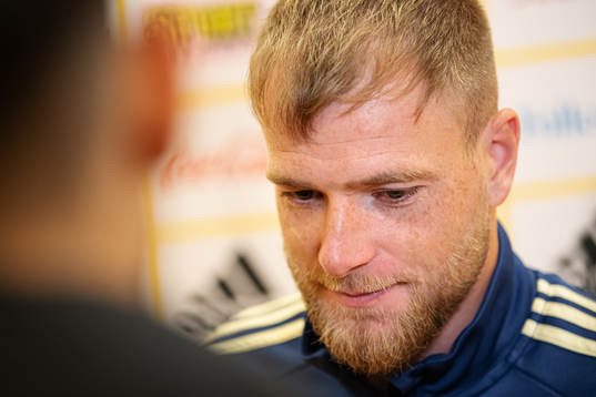 John Guidetti of the Swedish national football team during a mixed zone session on November 17, 2019 in Stockholm.
