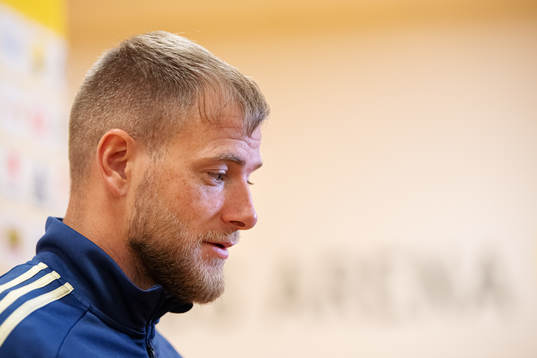John Guidetti of the Swedish national football team during a mixed zone session on November 17, 2019 in Stockholm.
