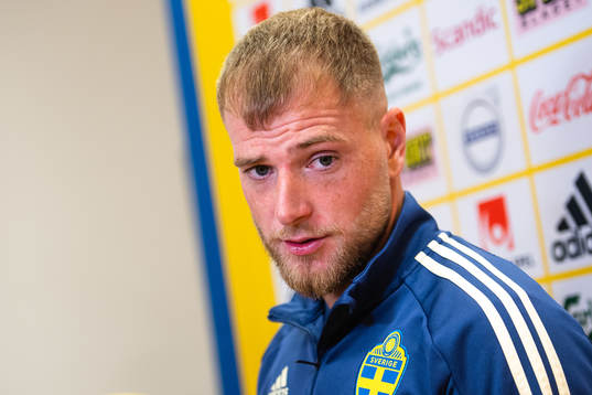 John Guidetti of Sweden in the mixed zone the UEFA Euro Qualifier football match between Sweden and Faroe Islands