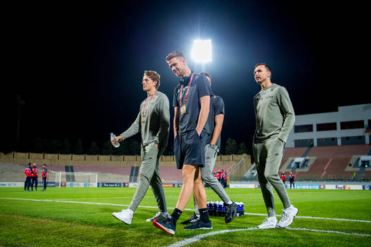 Sander Berge, Kristoffer Ajer and Ole Kristian Selnæs of Norway ahead of the UEFA Euro Qualifier football match between Malta and Norway on November 18, 2019 in Ta'Qali.