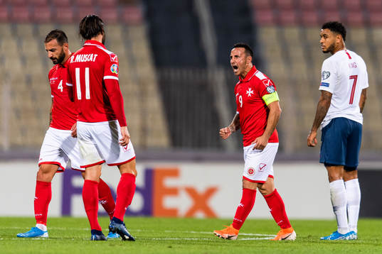 Michael Mifsud of Malta celebrates after 1-1 during the UEFA Euro Qualifier football match between Malta and Norway on November 18, 2019 in Ta'Qali.
