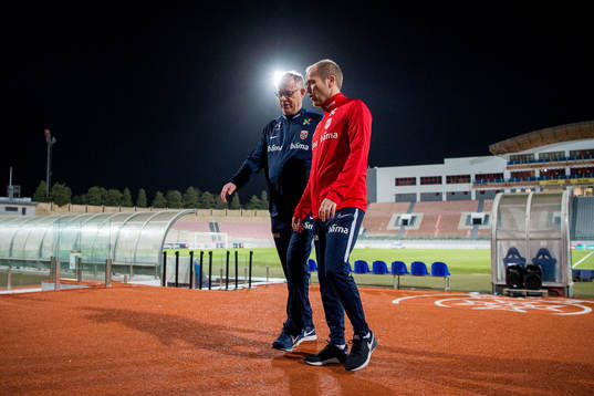 Lars Lagerbäck, head coach of Norway, and Svein Graff, communications director of the Norwegian Football Association (NFF),