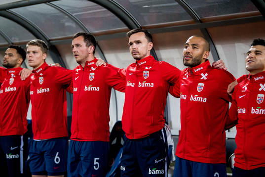 Sigurd Rosted, Even Hovland, Ole Kristian Selnæs, Haitam Aleesami and Tarik Elyounoussi of Norway ahead of the UEFA Euro Qualifier football match between Malta and Norway on November 18, 2019 in Ta'Qali.