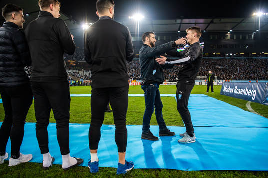 Björn Anklev and Markus Rosenberg of Malmö FF during his honoring after the Europa league match between Malmö FF and Dynamo Kiev on November 28, 2019 in Malmö.
