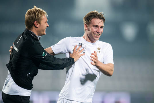 Alexander Betten Hansen and Sondre Liseth of Mjøndalen celebrate after the Eliteserien match between Mjøndalen and Vålerenga on December 1, 2019 in Mjøndalen.
