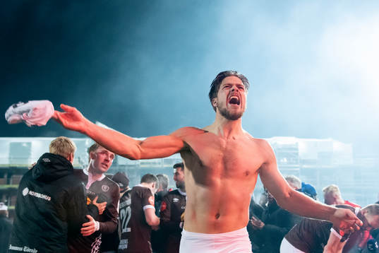 Sondre Solholm Johansen of Mjøndalen celebrates