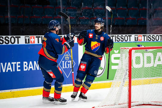 Kalle Östman and Gustav Possler of Djurgården celebrate