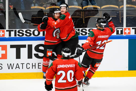 Joel Mustonen of Frölunda celebrates scoring 1-3