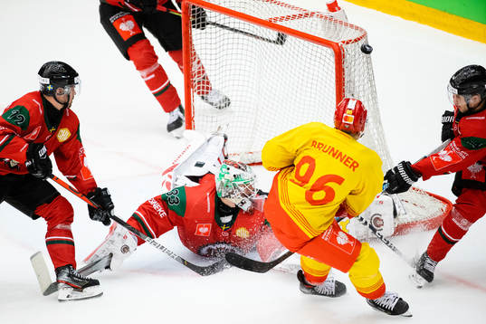 Goalkeeper Johan Mattsson of Frölunda saves a shot from