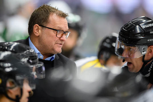 Brynäs tränare Magnus Sundquist i samtal med domare