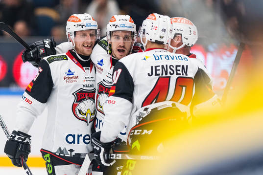 Malmö Redhawks Axel Wemmenborn jublar med målskytten till