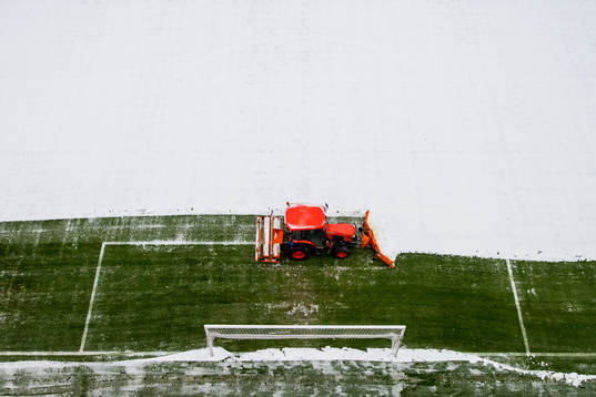 191220 This picture is part of Bildbyrån’s selection of the 100 best sports photos from 2019. Originally published 20191208 General view of Ullevaal stadion as the snow is being removed ahead of the cup final between Haugesund and Viking on December 8, 2019 in Oslo, Norway.