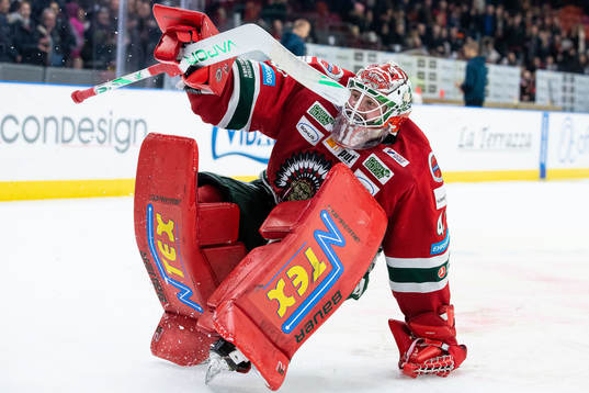 Frölundas målvakt Niklas Rubin jublar framför klacken