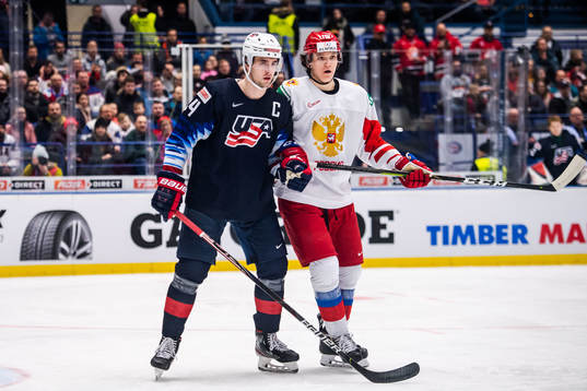 Mattias Samuelsson of USA and Dmitri Voronkov of Russia