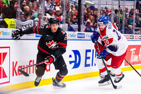 Dylan Cozens of Canada and Matej Pekar of Czech Republic