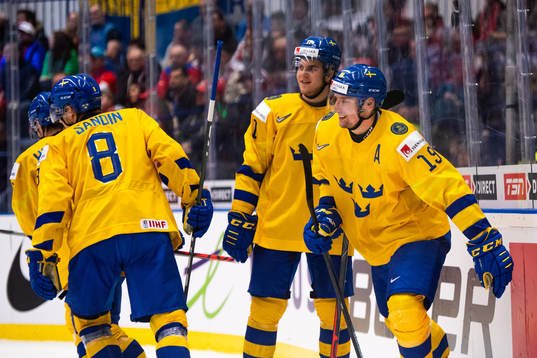 David Gustafsson of Sweden celebrates the 5-0 goal