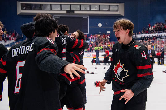 Bowen Byram of Canada celebrates