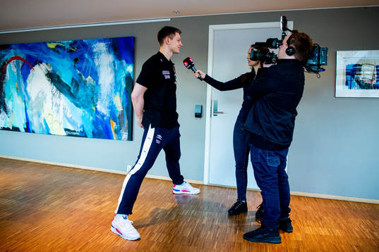 Goalkeeper Torbjørn Bergerud of Norway is being interviewed