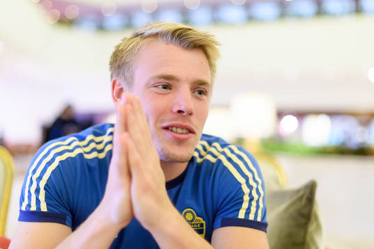 Goalkeeper Isak Andersson is being interviewed