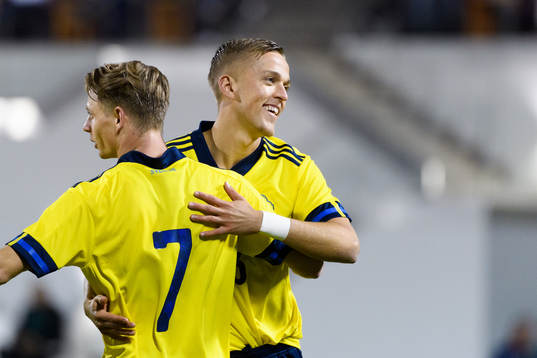 Simon Hedlund and Jesper Karlsson celebrate after 1-0 scored by Simon Hedlund