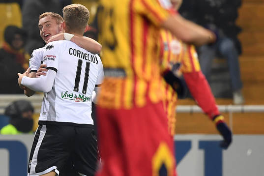 Dejan Kulusevski and Andreas Cornelius of Parma celebrate the 2-0 goal