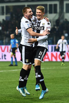 Dejan Kulusevski and Andreas Cornelius of Parma celebrate the 2-0 goal