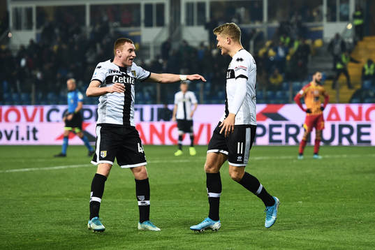 Dejan Kulusevski and Andreas Cornelius of Parma celebrate the 2-0 goal