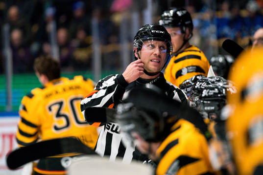 Skellefteås målvakt Gustaf Lindvall och domare Andreas