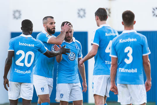 Guillermo Molins and Erdal Rakip of Malmö FF celebrate after Rakip scored 1-3