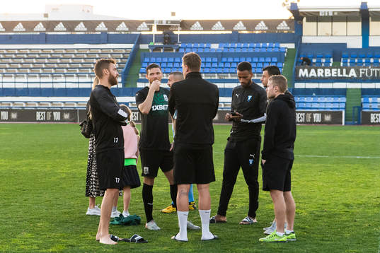Rasmus Bengtsson, goalkeeper Johan Dahlin, Isaac Kiese Thelin, Behrang Safari and Oscar Lewicki talking to Marcus Berg of Krasnodar