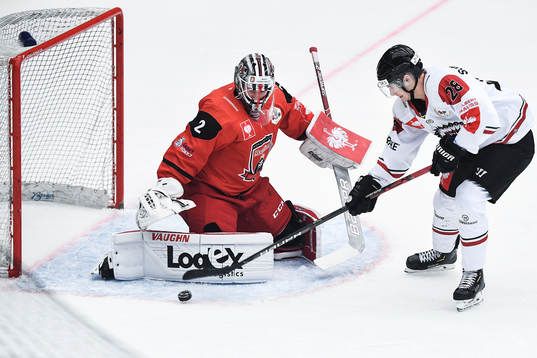 goalkeeper Marek Mazanec of Mountfield and Johan Sundström